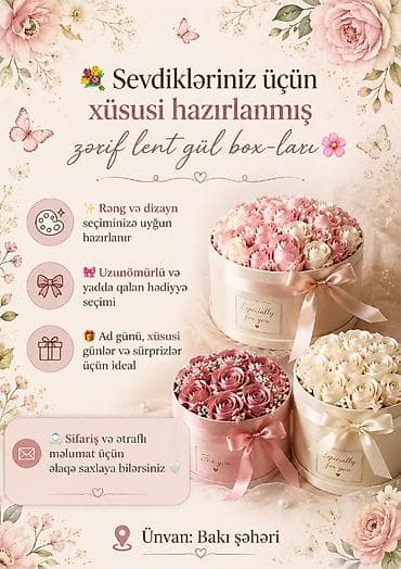 Əllə hazırlanmış lent güllərdən ibarət gözəl gül box-lar sifariş edə