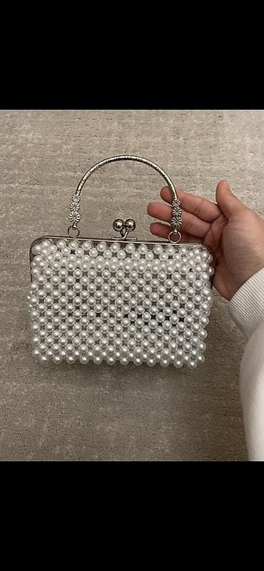 xoncalar novruz: İnci naxışlı zərif əl çantası - Rəng: ağ/gümüş - Material: parıltılı — 1