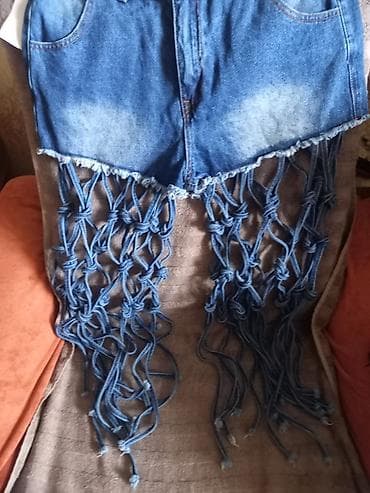 Qadın denim şort – makrame üslublu uzun iplərlə - Material: klassik