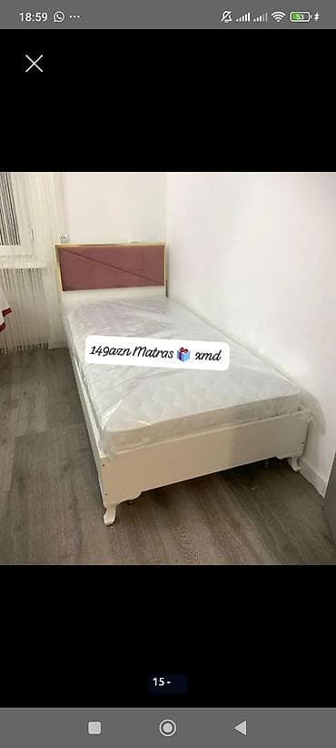 gul: Tək nəfərlik çarpayı və matras dəsti. - Çərçivə: ağ rəngli taxta — 1