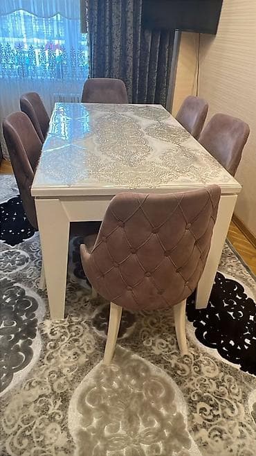 Masa desti 300azn Babek pr 0636 leli Ağ rəngli yemək masası və 6