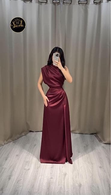 Bordo rəngli zərif ziyafət gecə paltarı - Material: atlas/saten