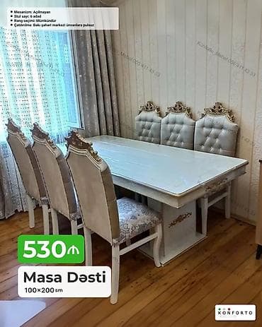 stol ustul: Masa Dəsti – 100×200 sm - Klassik üslubda, ağ-qızılı detallı yemək — 1