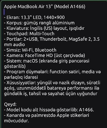 macbook air ikinci el: Apple MacBook Air 13" – Model A1466 Ustada olçayıb yeniden seçilmir — 2