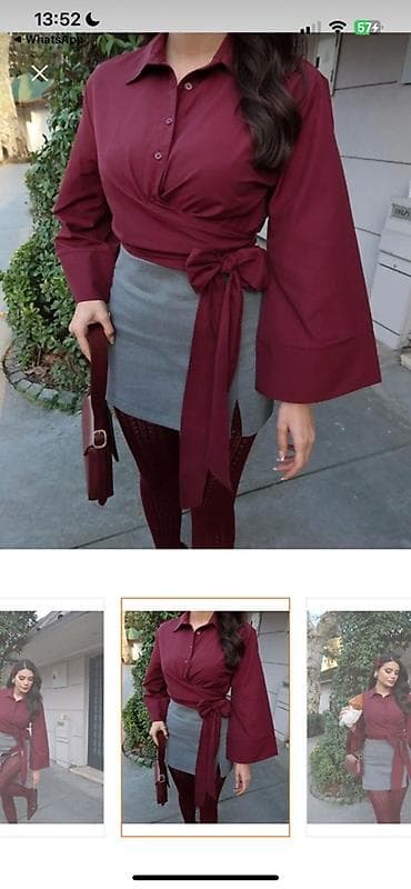 Bordo rəngli qadın koftası – qolları geniş kəsimli, yaxası düyməli, ön