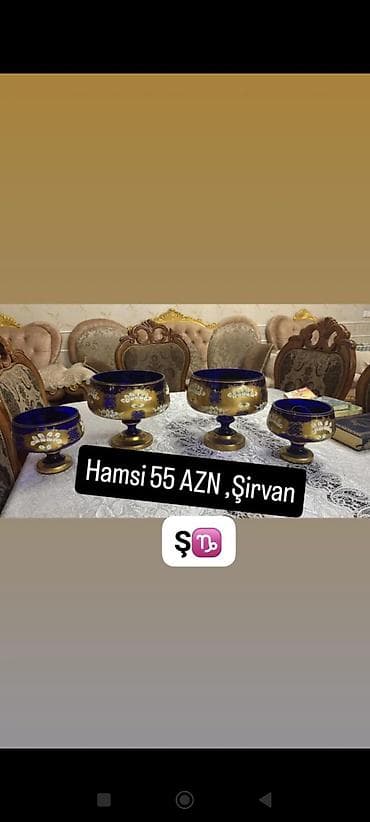 Mavi-qızılı rəng palitrasında 4 ədəd bəzəkli şirniyyat/fruit qabı — 1