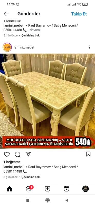 karaca əhmədli: Qonaq otağı üçün, Yeni, Açılmayan, Dördbucaq masa, 6 stul — 4