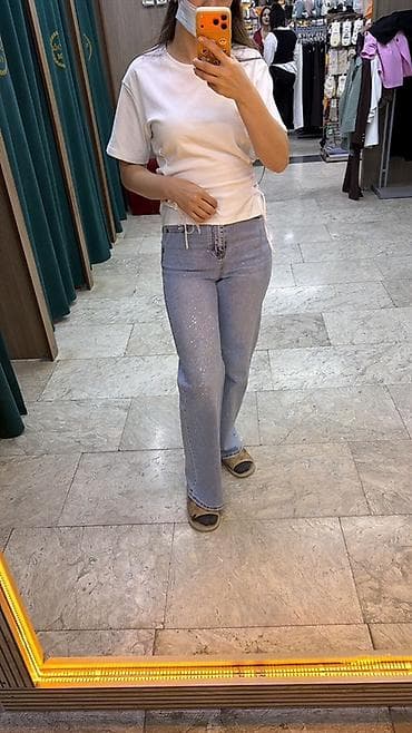 koja şalvar: Məhsul: Qadın geniş kəsimli, daşlı jeans şalvar - Rəng: Açıq göy — 1