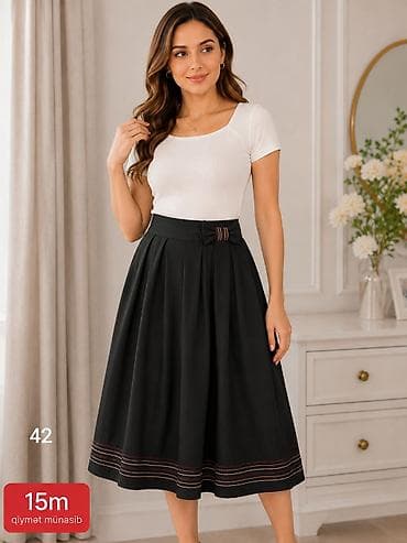 Qadın ətəyi - Rəng: qara - Model: midı uzunluq, yelpazəvi kəsim - — 1