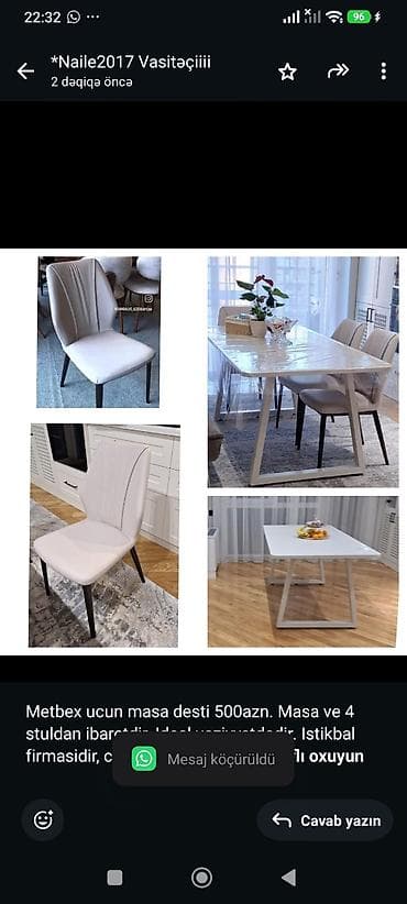 Metbex ucun masa desti 500azn. Masa ve 4 stuldan ibaretdir. Ideal — 1