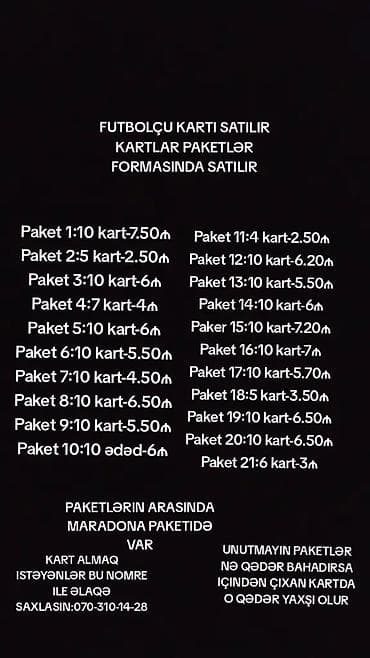 maşın kolleksiyası: Məhsul: Futbolçu kolleksiya kartları Təsvir: - Kartlar paket — 1