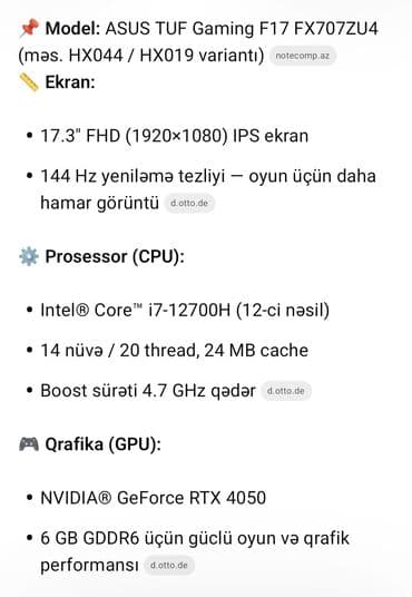asus notebook: İşlənmiş ASUS TUF Gaming, 17.3 ", Intel Core i7, 1 TB — 10