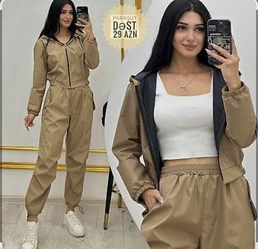 Parasut materialdan qadın idman dəsti - İki hissəli: kapüşonlu yüngül