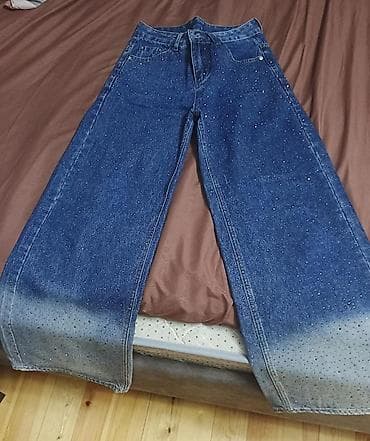 Qadınlar üçün geniş kəsimli cins şalvar - Material: qalın denim -