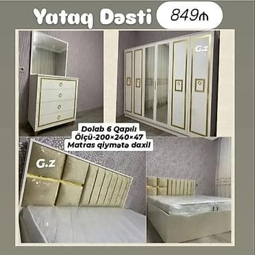 qapi dekoru: Yataq Dəsti – 849₼ Komplekt: - 6 qapılı dolab (orta hissə güzgülü) - — 1