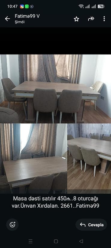 Masa dəsti satılır 450₼. 8 oturcağı var.Ünvan Xırdalan. 2661. Fatimə99