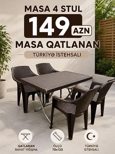 miz stul: Məhsul: Dəst – qatlanan masa + 4 ədəd stol • Türkiyə istehsalı • Masa — 1