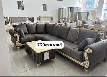 Divan və masa dəstləri: Künc divan dəsti - Rəng: tünd boz (qızılı dekor xəttləri və ayaqları — 1