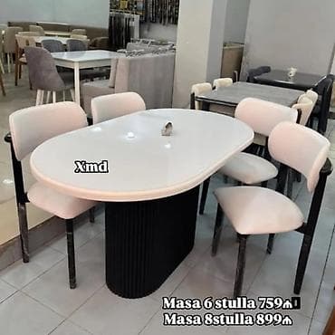 Ağ oval süfrəli, qara baza ayaqlı yemək masası dəsti. Yumşaq krem — 1