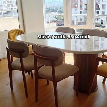 mermer stollar: Mətbəx üçün, Açılmayan, Oval masa, 6 stul — 1