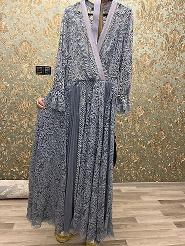 nişan donu: Zərif axşam/gecə paltarı – boz-mavi tonlarda, tam uzunluqda Razmer 48 — 2