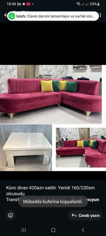 2ci əl divan kreslo: Künc divan 420azn satilir. Yenidi 160/230sm olcusudu. Transformer — 1