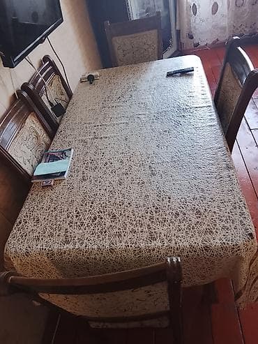 divan ortusu: - Məhsul: Yemək otağı üçün masa və 4 ədəd stul dəsti - Material: Taxta — 1