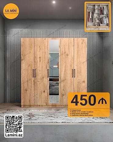 5 qapılı geyim dolabı - Material və üslub: taxta teksturalı minimal — 1
