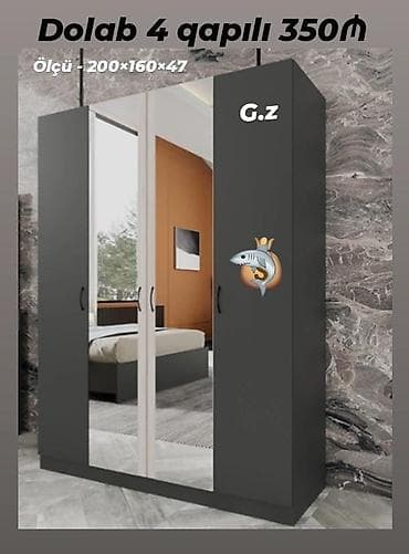 4 qapılı, Güzgülü, Boz, Açılan, Düz dolab