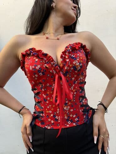 Pencəklər: Qırmızı rəngli, çiçək naxışlı, büzməli kənarları olan strapless — 1