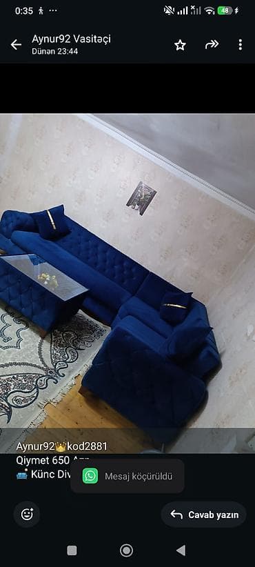 Aynur92👑kod2881 Qiymet 650 Azn 🛋️ Künc Divan Satılır pufiq daxil