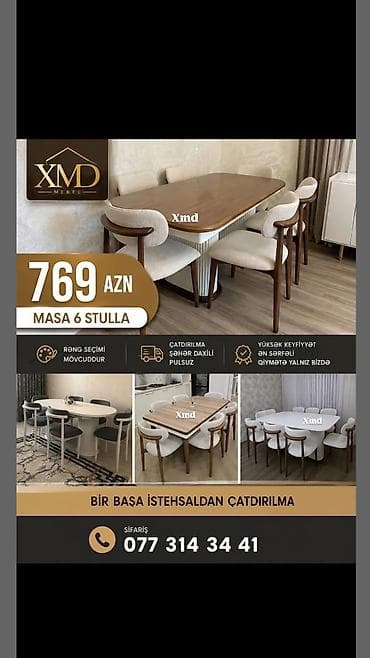 balkon stul: XMD Mebel – Masa və 6 stul dəsti - Qiymət: 769 AZN (masa + 6 stul) - — 1
