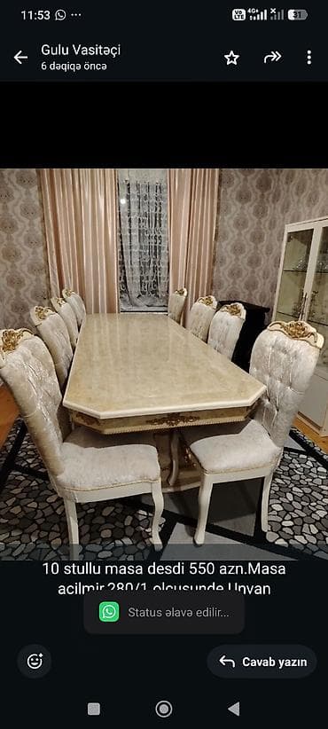 lalafo dirnaq stolu: 10 stullu masa desdi 550 azn.Masa acilmir.280/1 olcusunde.Unvan — 1