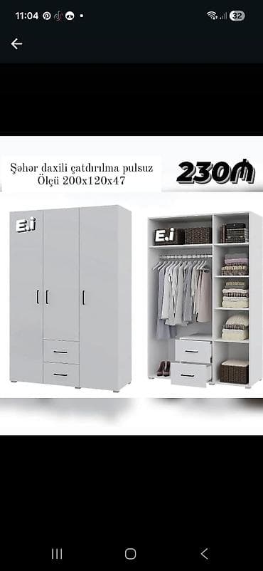 Mebel: Ağ rəngli 3 qapılı paltar şkafı - Ölçü: 200 x 120 x 47 sm - Daxili — 1