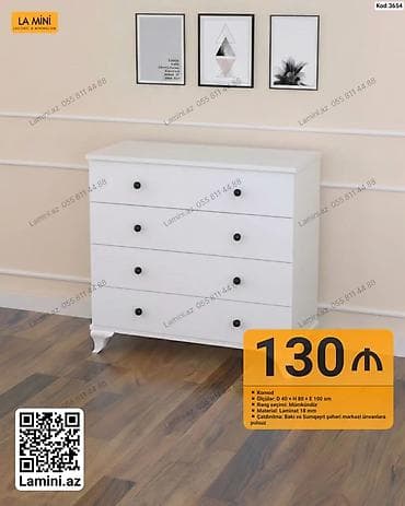 taxta komod: Ağ rəngli, minimalist üslubda komod. Xüsusiyyətləri: - 4 geniş — 1