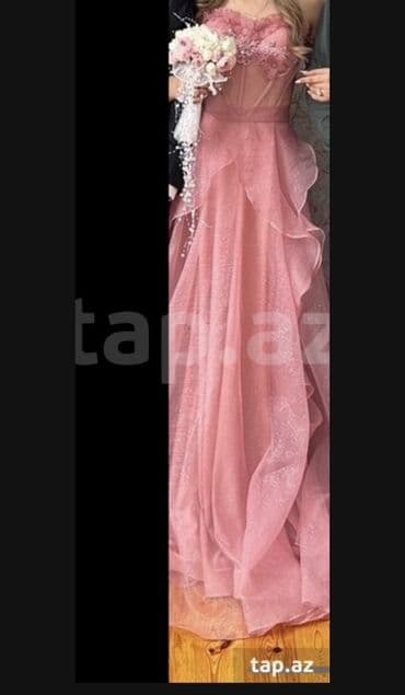 Zərif gülləbi rəngli uzun ziyafət/libas. - Korse tipli, şəffaf