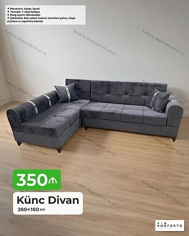 Künc Divan – 260×160 sm - Mexanizm: Açılan, bazalı (yataq funksiyası