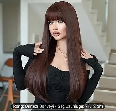 acki sekilleri: Məhsul: Təbii görünüşlü düz kəsimli uclu peruk (qaaşlı/franjlı) — 2