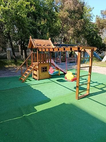 uşaq matrasi: Uşaq oyun kompleksi – taxta evcik və əyləncə modulları - Material — 2
