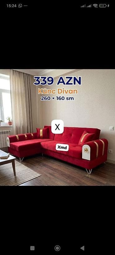 Ev üçün mebel: Künc divan – 260 × 160 sm - Parlaq qırmızı rəngdə L‑şəkilli model - — 1