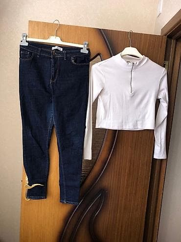 des geyimler: Qadın geyim dəsti - Tərkib: tünd mavi skini cins şalvar + ağ uzunqol — 2