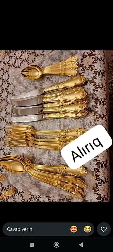 bal: Qızılı rəngdə süfrə dəsti – bıçaq, çəngəl və qaşıqlardan ibarət — 1