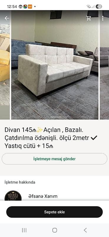 Divanlar: Divan – açılan, bazalı model. - Ölçü: 2 metr - Rəng: açıq bej — 1