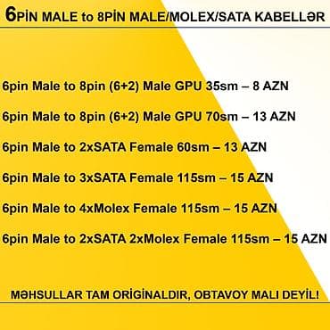 komputer dell: Kabellər "6PİN MALE to 8PİN MALE/MOLEX/SATA Original” MƏHSULLAR TAM — 2
