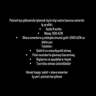 klinikalarda vakansiya 2019: Xəstə baxıcısı tələb olunur, Növbəli qrafik, Ayda 2 dəfə ödəniş — 2