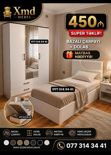 Yataq otağı dəsti: bazalı çarpayı + dolab - Super təklif: 450₼ -