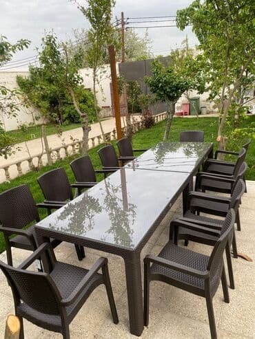 Mebel: Dördbucaq masa, 10 stul, Açılmayan, Stullar ilə, Həsir toxunuşlu — 1