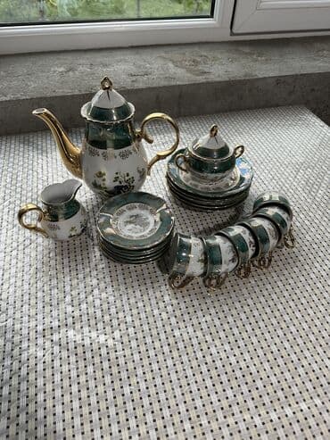 zal ucun asma tavanlar: Кофейный набор, цвет - Зеленый, Фарфор, Богемия, 6 персон, Чехия — 1