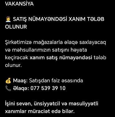 derzi isi axtariram 2018: Vakansiya: Satış nümayəndəsi (xanım) Təsvir: - Mağazalarla əlaqə — 1