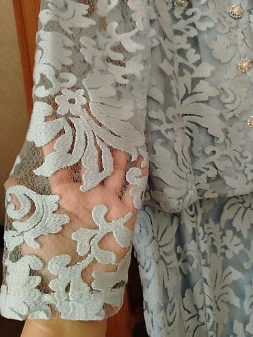 xari bulbul yaxa sancagi: Mavi krujeva qadın dəsti – pencək + ətək - Rəng: açıq mavi (pastel) - — 8